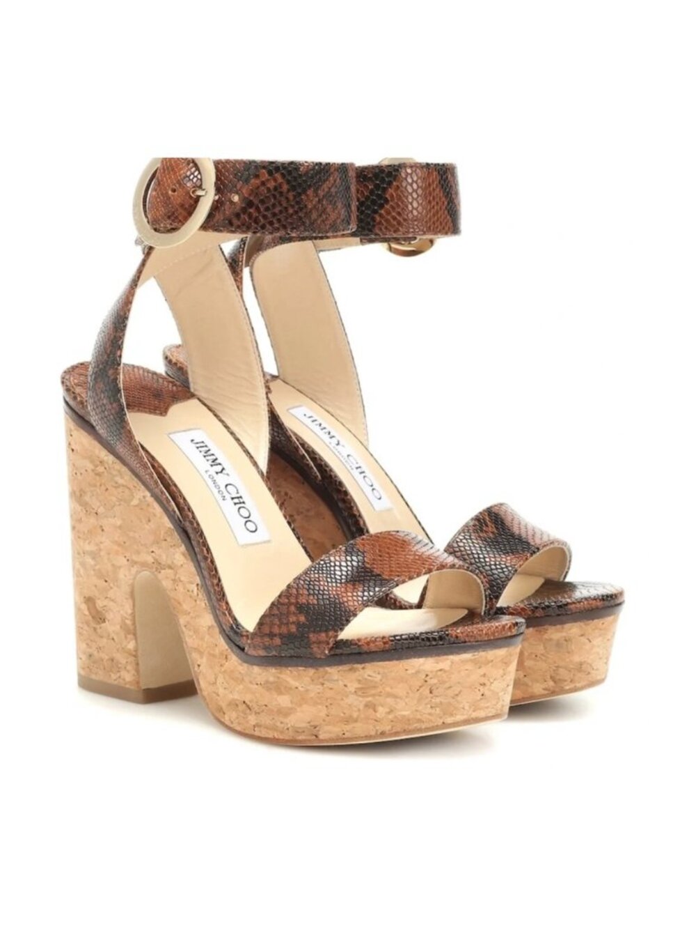 Jimmy Choo Aimee 125 Snake Print Cork Platform Sandals | Size 38.5